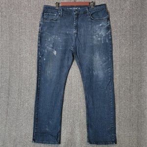 Nautica Jeans Mens 38x30* Blue Dark Wash Relaxed Straight Fit Distressed